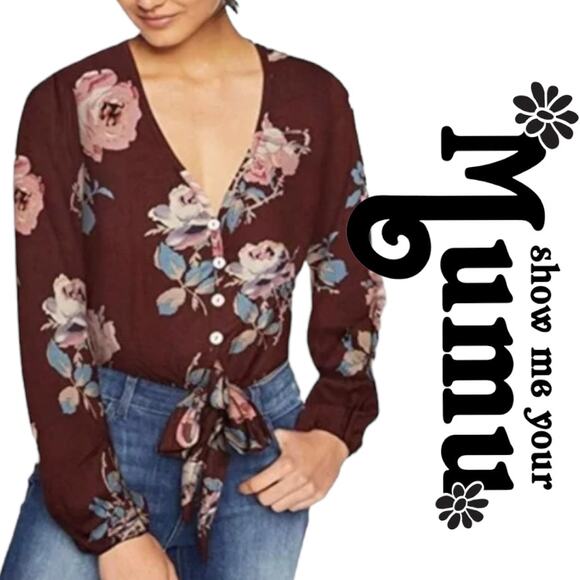 SHOW ME YOUR MUMU TATUM CHOCOLATE AND ROSES DRAPE FLORAL WOMENS TIE TOP SIZE S - Picture 1 of 13